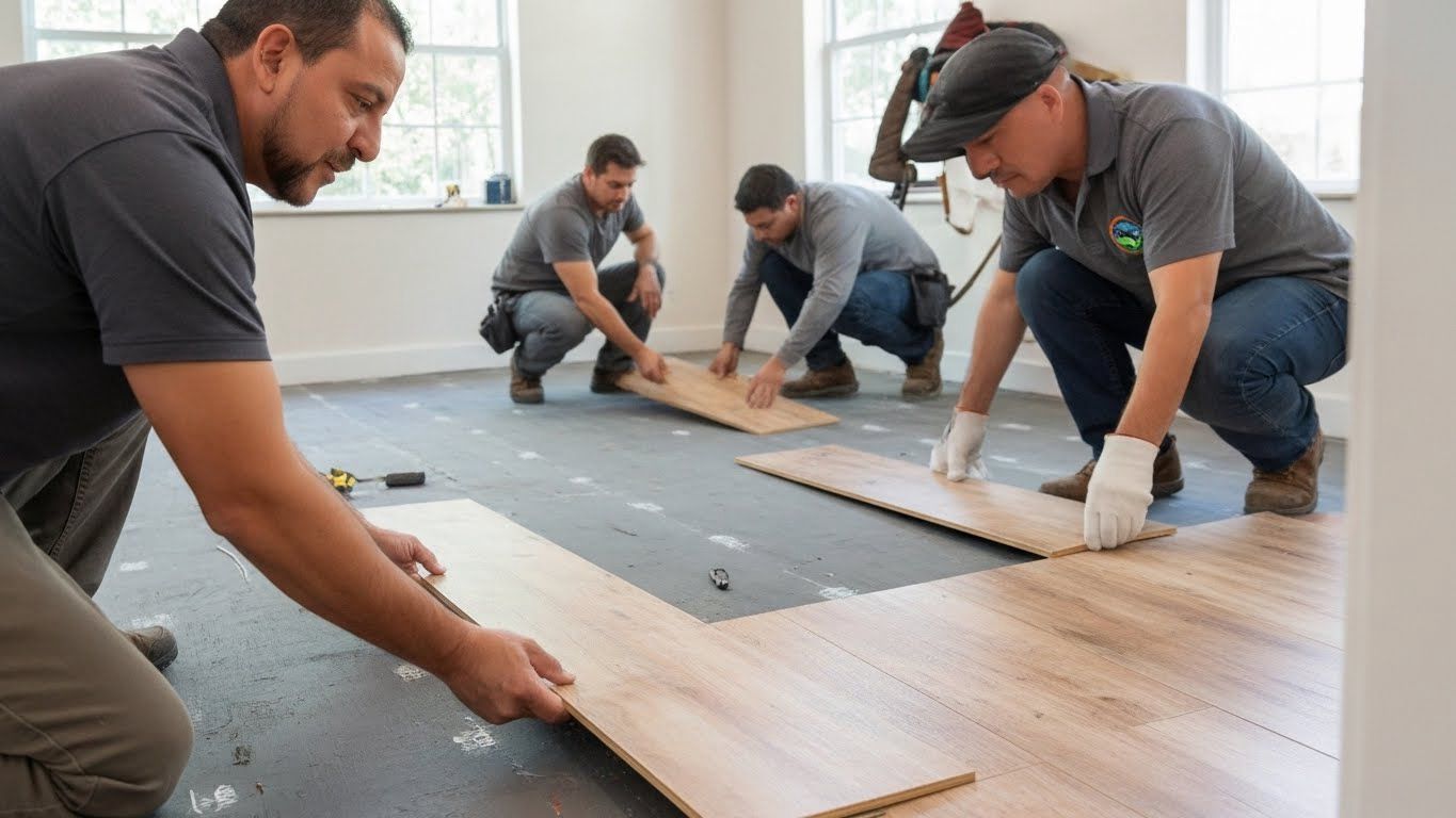 Professional contractor team installing flooring in Lakeland